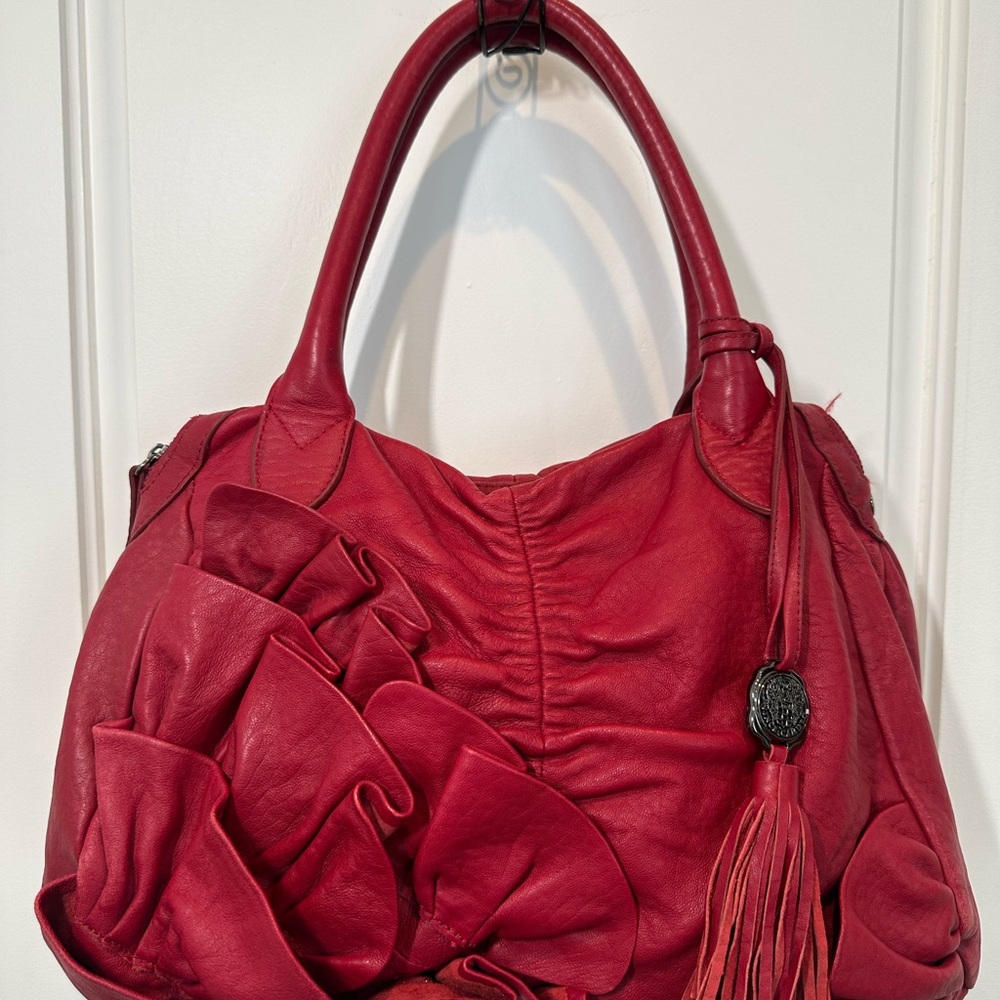 Vince Camuto Red Leather Shoulder Bag with Floral Ruffle